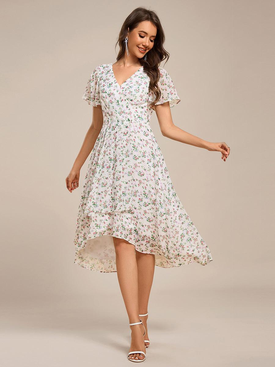Special Short Sleeves V-Neck A-Line Print Floral Wedding Guest Dress