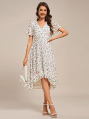 Special Short Sleeves V-Neck A-Line Print Floral Wedding Guest Dress
