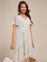 Special Short Sleeves V-Neck A-Line Print Floral Wedding Guest Dress