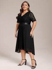 Intellectual A-Line V-Neck Lace Midi Wedding Guest Dress with Ribbon