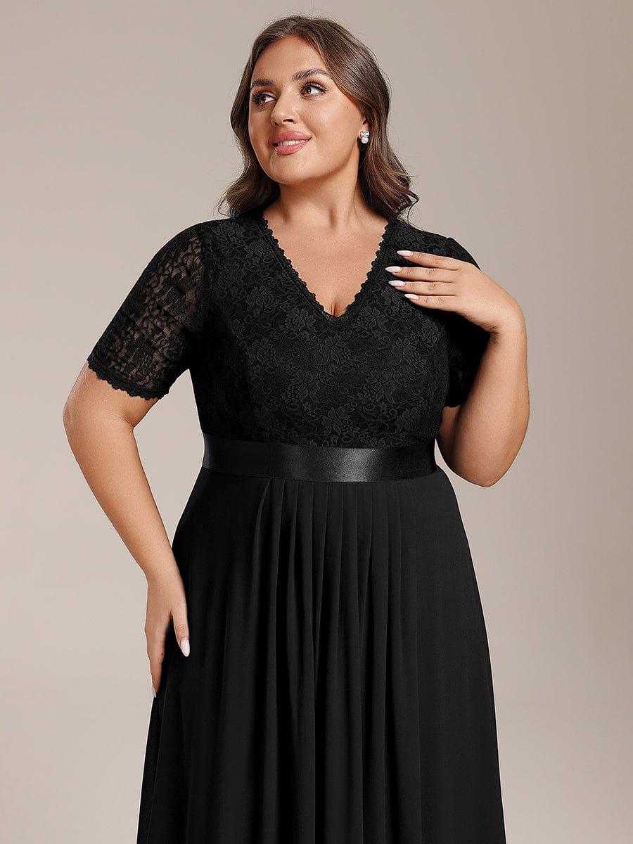 Intellectual A-Line V-Neck Lace Midi Wedding Guest Dress with Ribbon