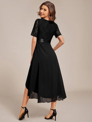 Intellectual A-Line V-Neck Lace Midi Wedding Guest Dress with Ribbon