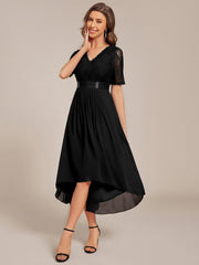 Intellectual A-Line V-Neck Lace Midi Wedding Guest Dress with Ribbon