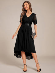 Intellectual A-Line V-Neck Lace Midi Wedding Guest Dress with Ribbon