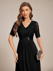 Intellectual A-Line V-Neck Lace Midi Wedding Guest Dress with Ribbon