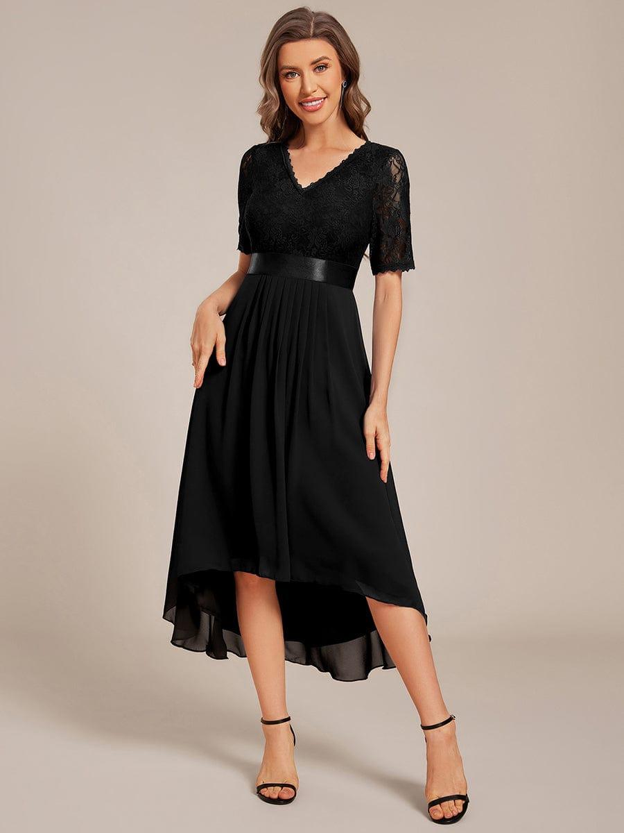 Intellectual A-Line V-Neck Lace Midi Wedding Guest Dress with Ribbon