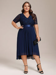 Intellectual A-Line V-Neck Lace Midi Wedding Guest Dress with Ribbon