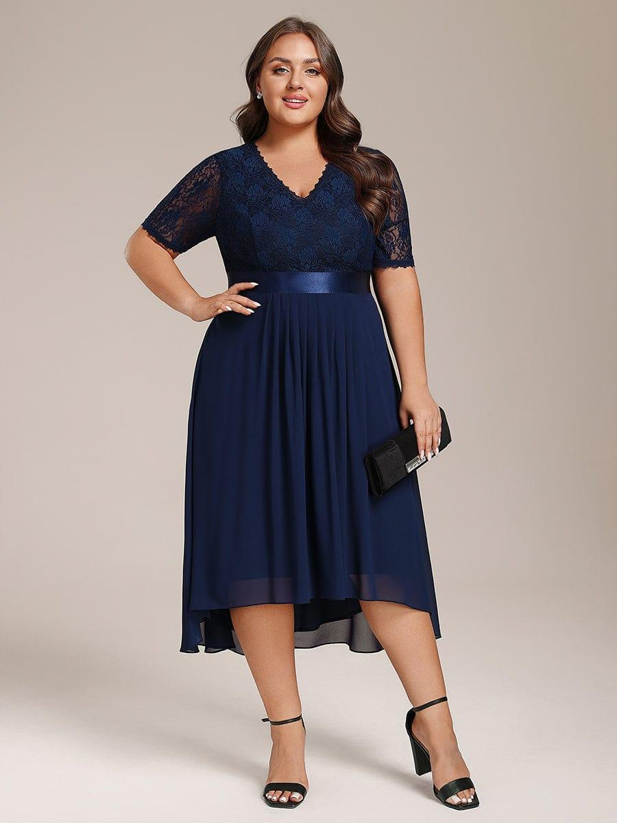 Intellectual A-Line V-Neck Lace Midi Wedding Guest Dress with Ribbon