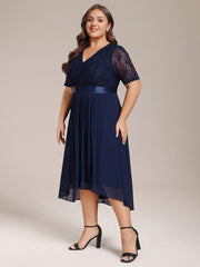 Intellectual A-Line V-Neck Lace Midi Wedding Guest Dress with Ribbon