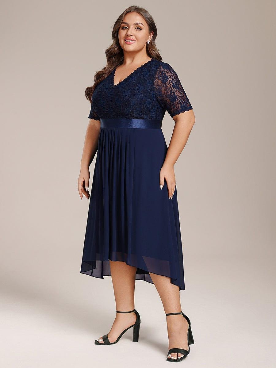 Intellectual A-Line V-Neck Lace Midi Wedding Guest Dress with Ribbon