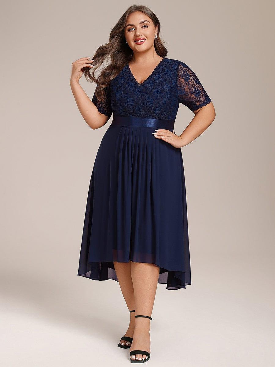 Intellectual A-Line V-Neck Lace Midi Wedding Guest Dress with Ribbon