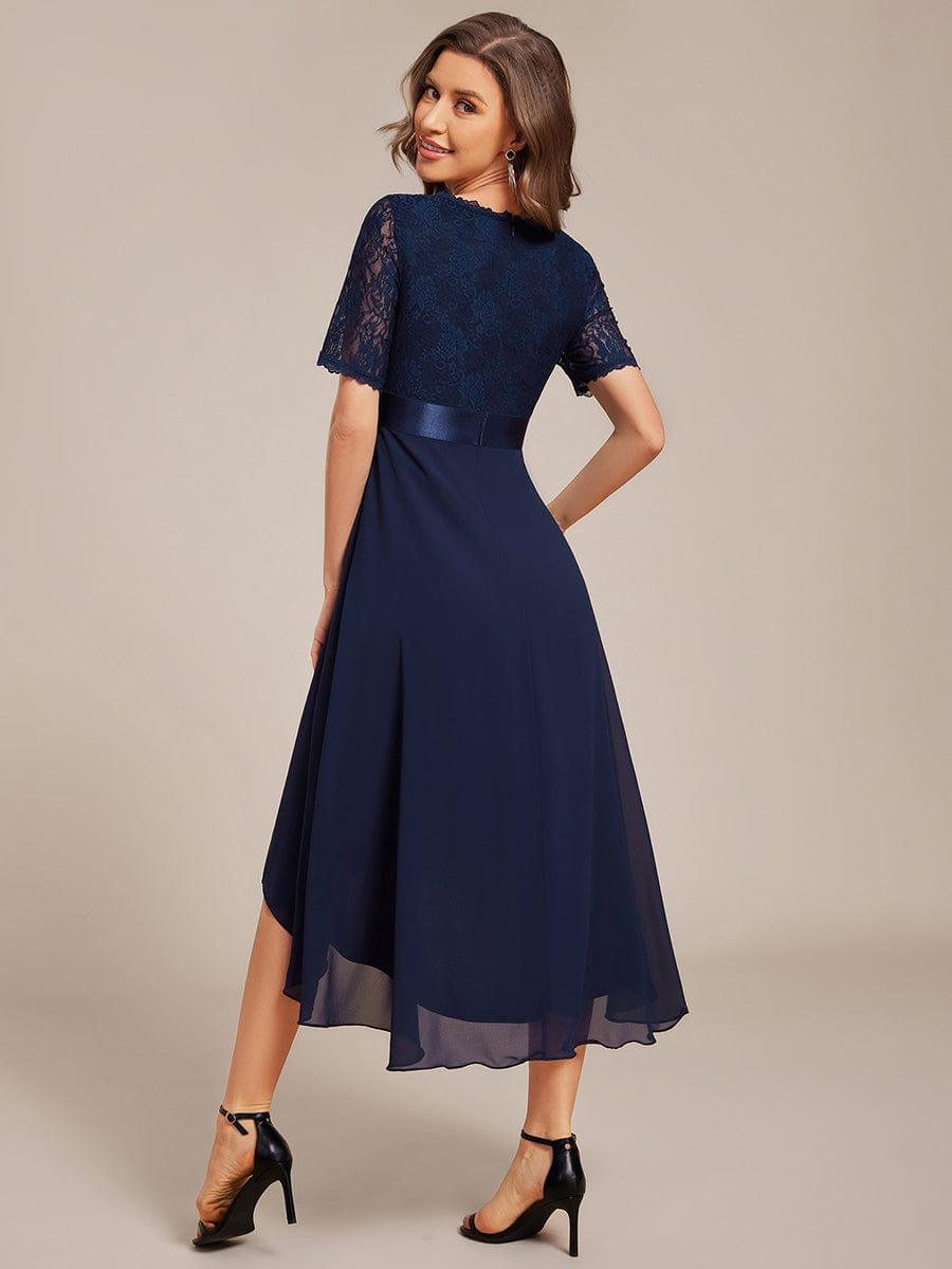 Intellectual A-Line V-Neck Lace Midi Wedding Guest Dress with Ribbon