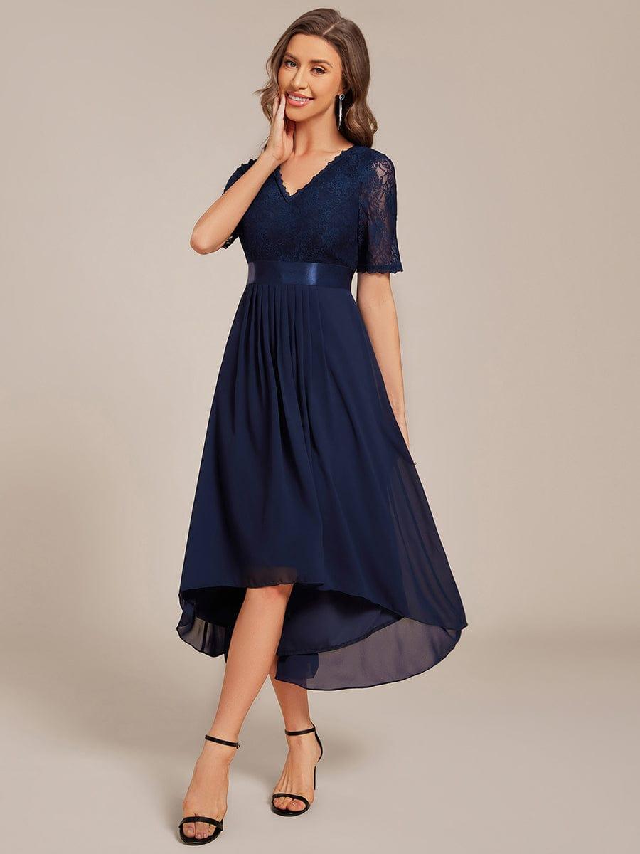 Intellectual A-Line V-Neck Lace Midi Wedding Guest Dress with Ribbon