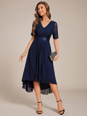 Intellectual A-Line V-Neck Lace Midi Wedding Guest Dress with Ribbon