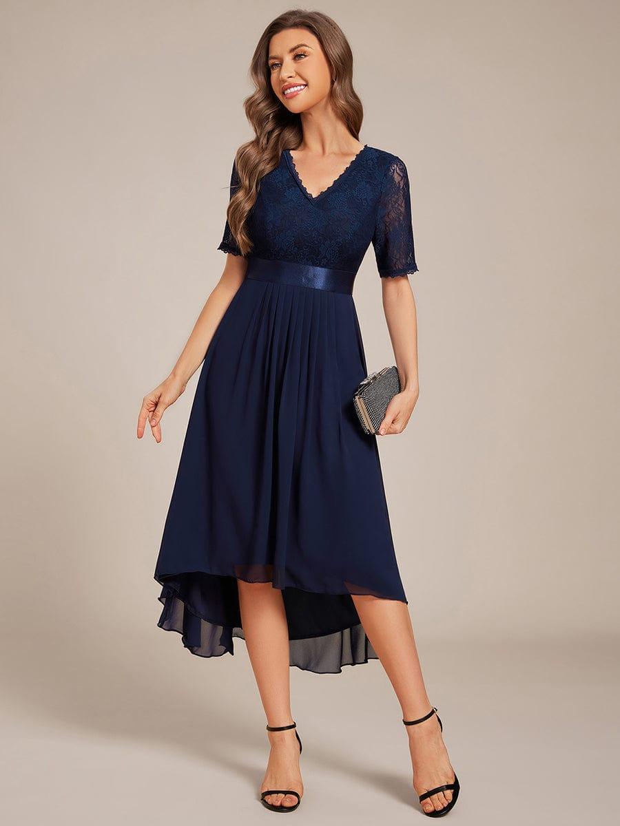 Intellectual A-Line V-Neck Lace Midi Wedding Guest Dress with Ribbon