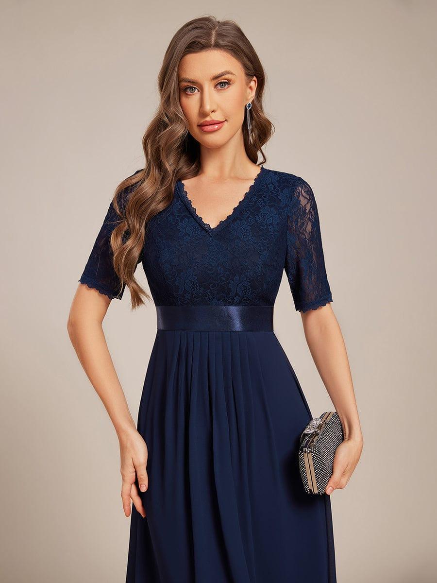 Intellectual A-Line V-Neck Lace Midi Wedding Guest Dress with Ribbon