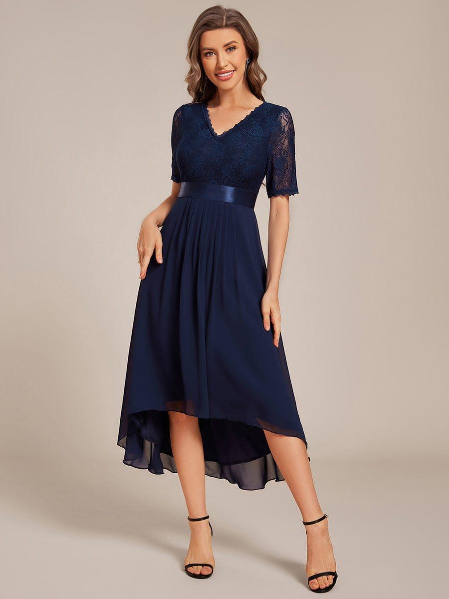 Intellectual A-Line V-Neck Lace Midi Wedding Guest Dress with Ribbon