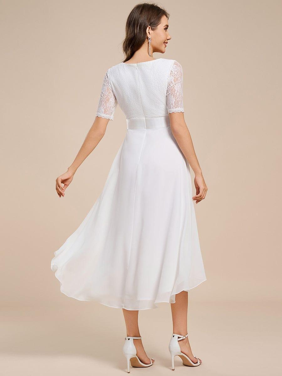 Intellectual A-Line V-Neck Lace Midi Wedding Guest Dress with Ribbon
