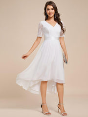 Intellectual A-Line V-Neck Lace Midi Wedding Guest Dress with Ribbon