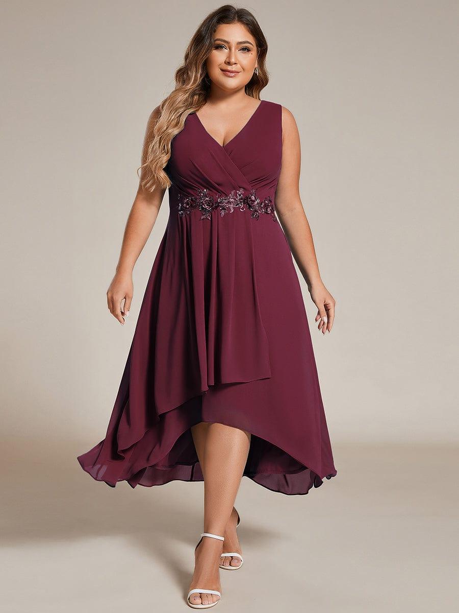 Flattering Plus Size Hi-Lo V-Neck Wedding Guest Dress with Appliques