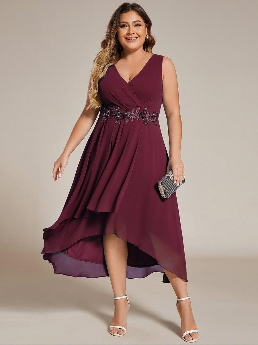 Flattering Plus Size Hi-Lo V-Neck Wedding Guest Dress with Appliques
