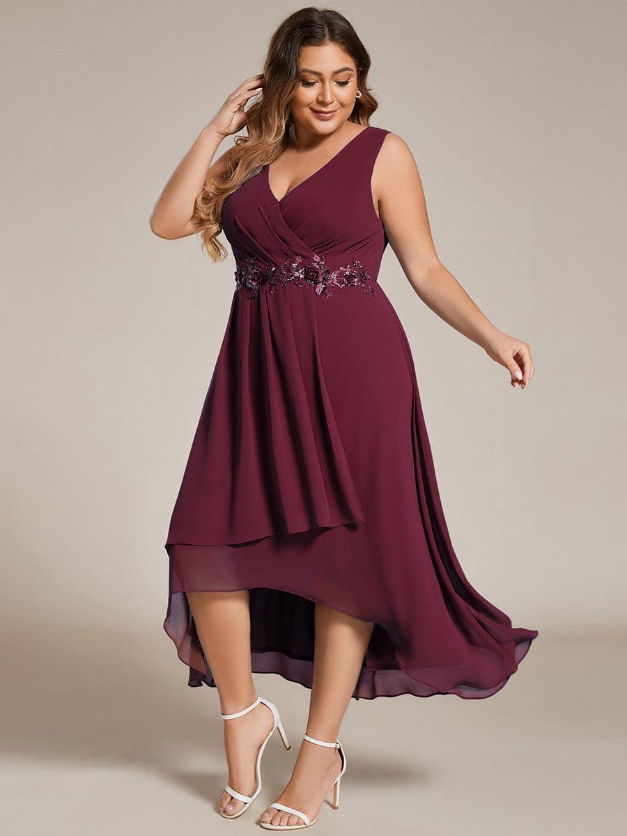 Flattering Plus Size Hi-Lo V-Neck Wedding Guest Dress with Appliques