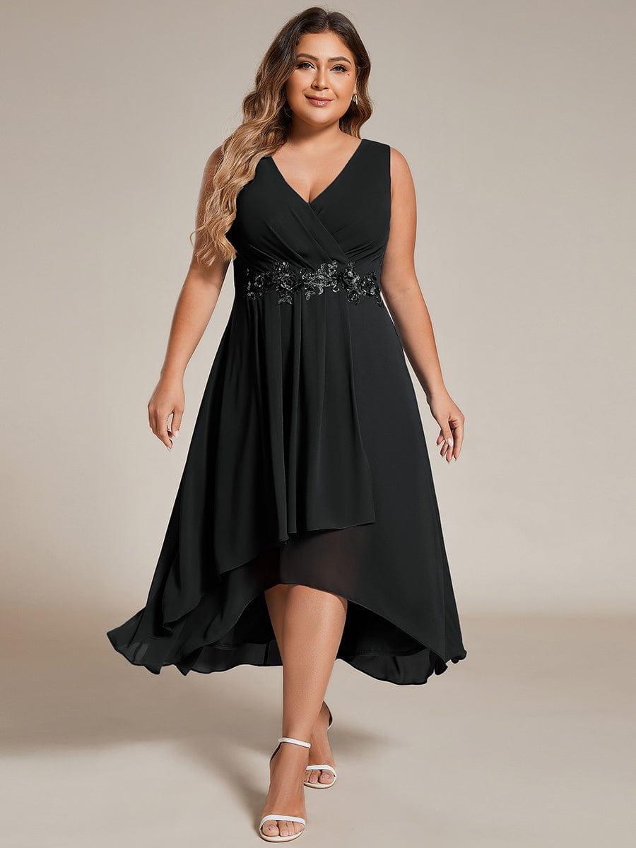 Flattering Plus Size Hi-Lo V-Neck Wedding Guest Dress with Appliques