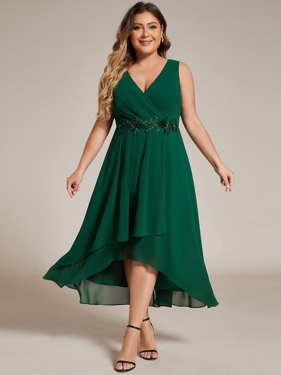 Flattering Plus Size Hi-Lo V-Neck Wedding Guest Dress with Appliques