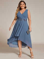 Flattering Plus Size Hi-Lo V-Neck Wedding Guest Dress with Appliques