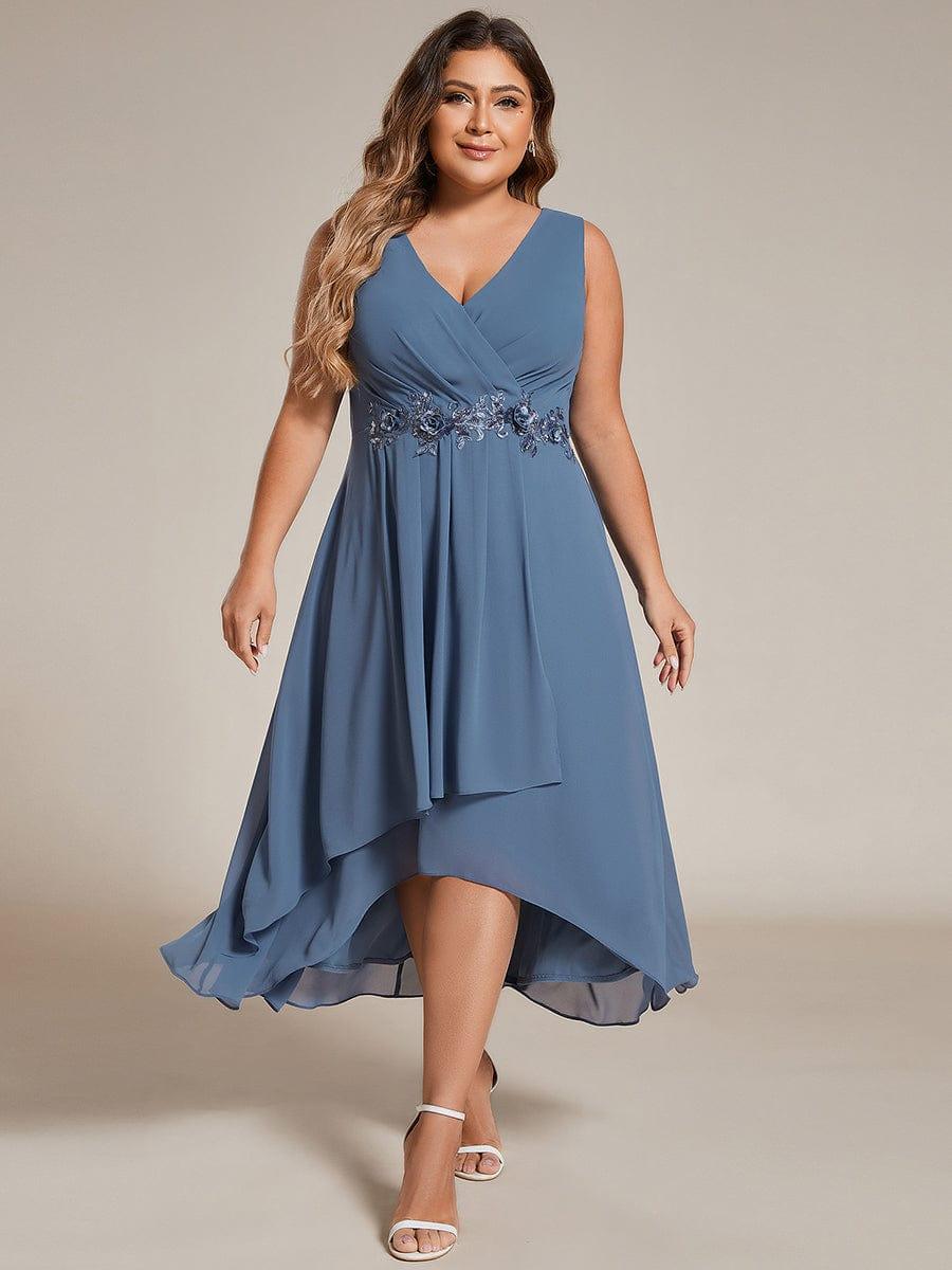 Flattering Plus Size Hi-Lo V-Neck Wedding Guest Dress with Appliques