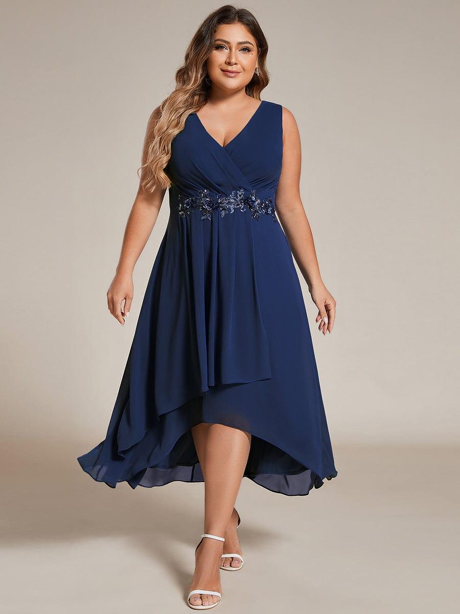 Flattering Plus Size Hi-Lo V-Neck Wedding Guest Dress with Appliques