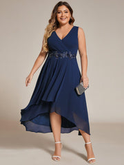 Flattering Plus Size Hi-Lo V-Neck Wedding Guest Dress with Appliques