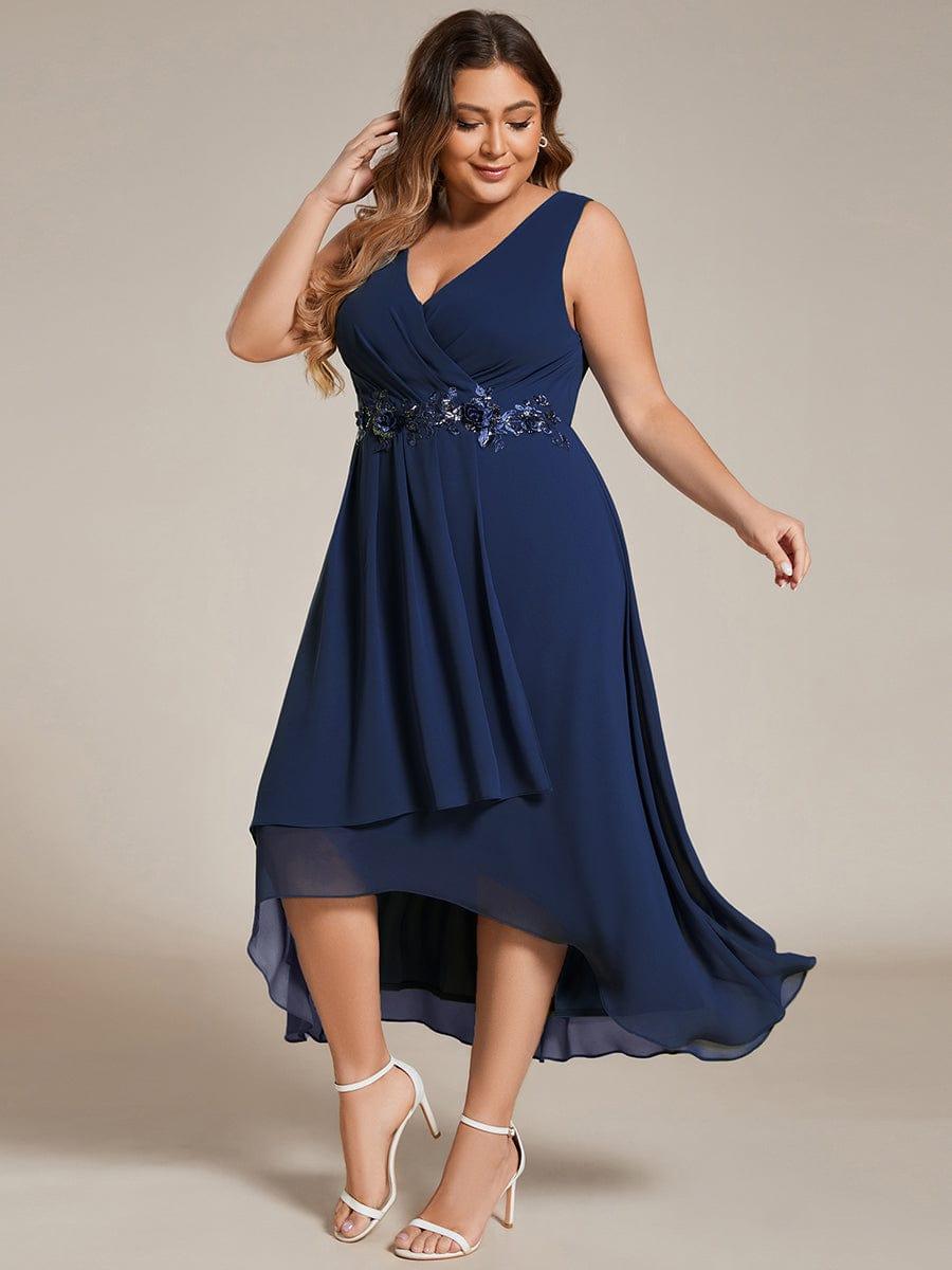 Flattering Plus Size Hi-Lo V-Neck Wedding Guest Dress with Appliques