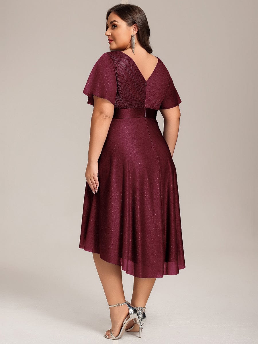 Dignified Plus Size V-Neck A-Line Wedding Guest Dress with Short Sleeves