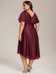 Dignified Plus Size V-Neck A-Line Wedding Guest Dress with Short Sleeves