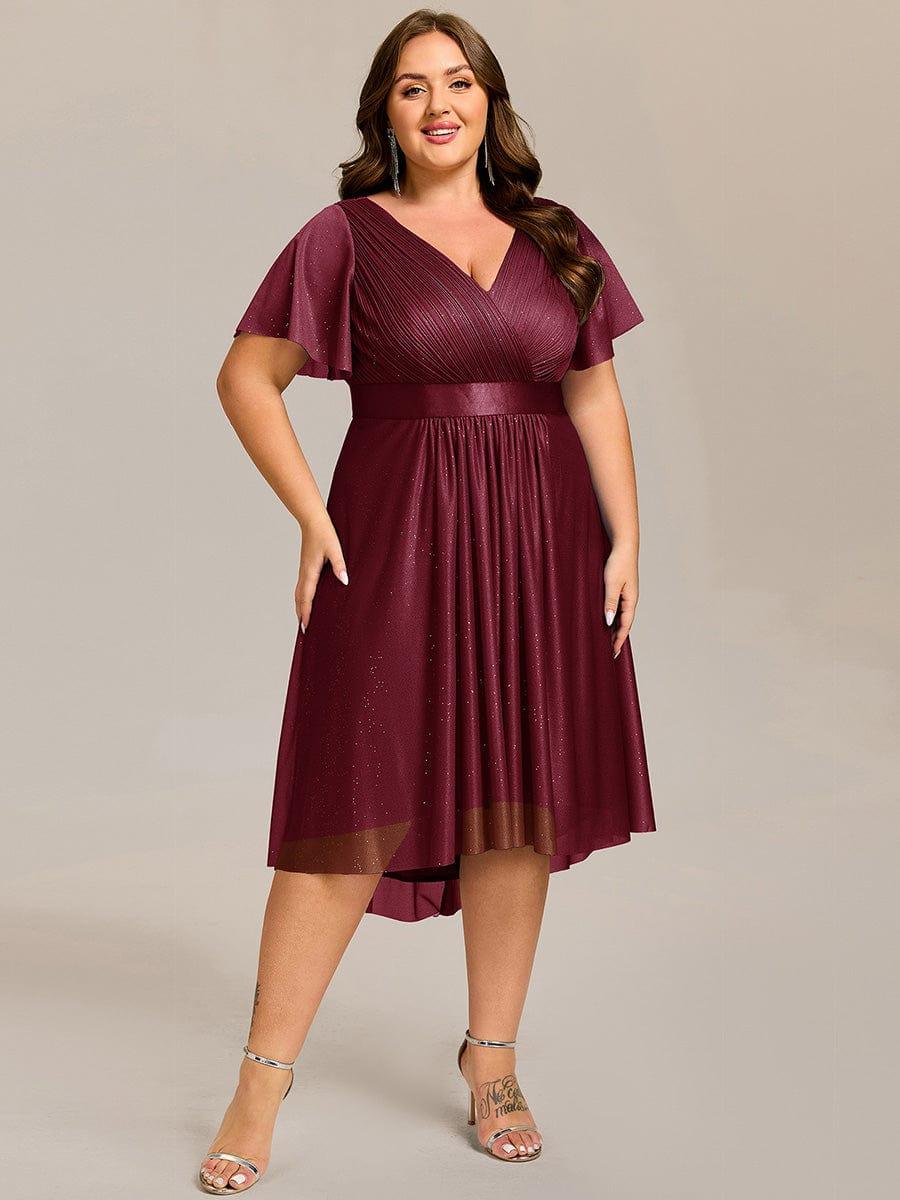 Dignified Plus Size V-Neck A-Line Wedding Guest Dress with Short Sleeves