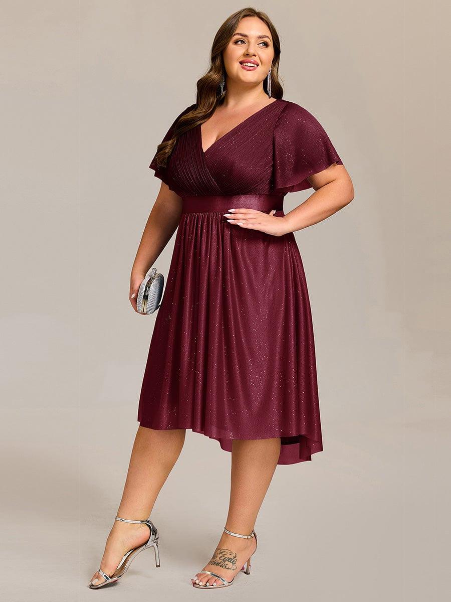 Dignified Plus Size V-Neck A-Line Wedding Guest Dress with Short Sleeves
