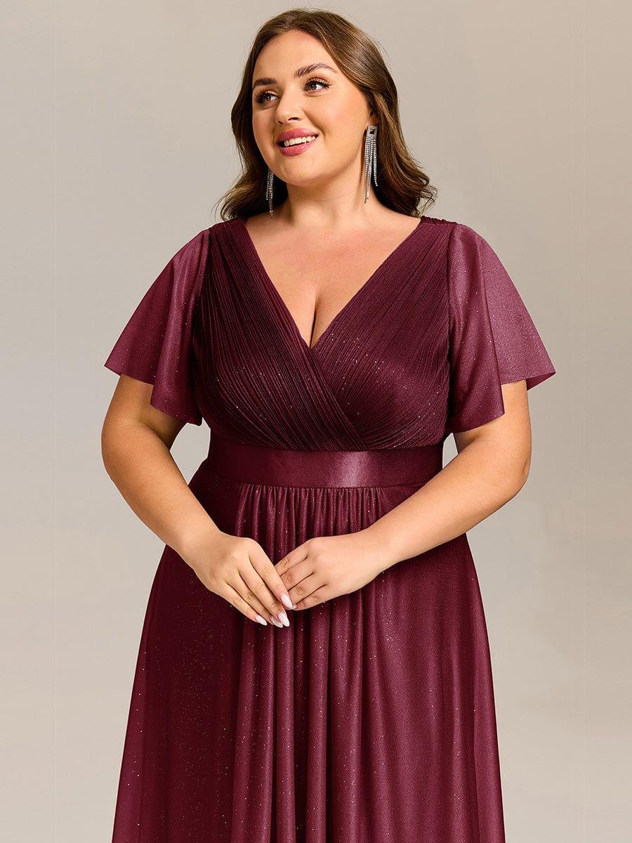 Dignified Plus Size V-Neck A-Line Wedding Guest Dress with Short Sleeves