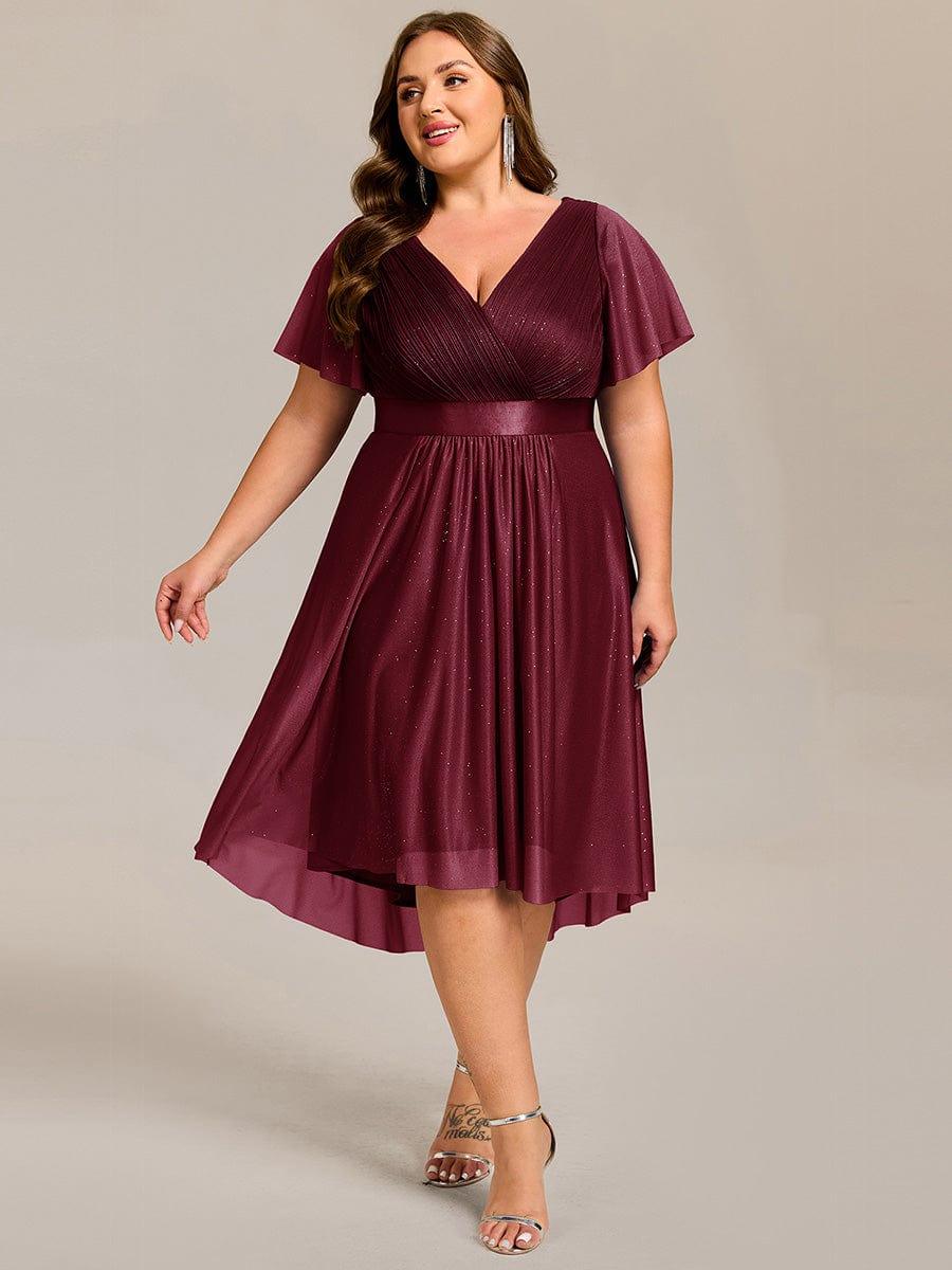 Dignified Plus Size V-Neck A-Line Wedding Guest Dress with Short Sleeves