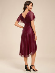 Honorable Short Sleeves V-Neck A-Line Midi Wedding Guest Dress with Sash