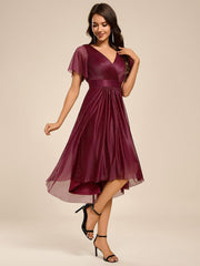 Honorable Short Sleeves V-Neck A-Line Midi Wedding Guest Dress with Sash