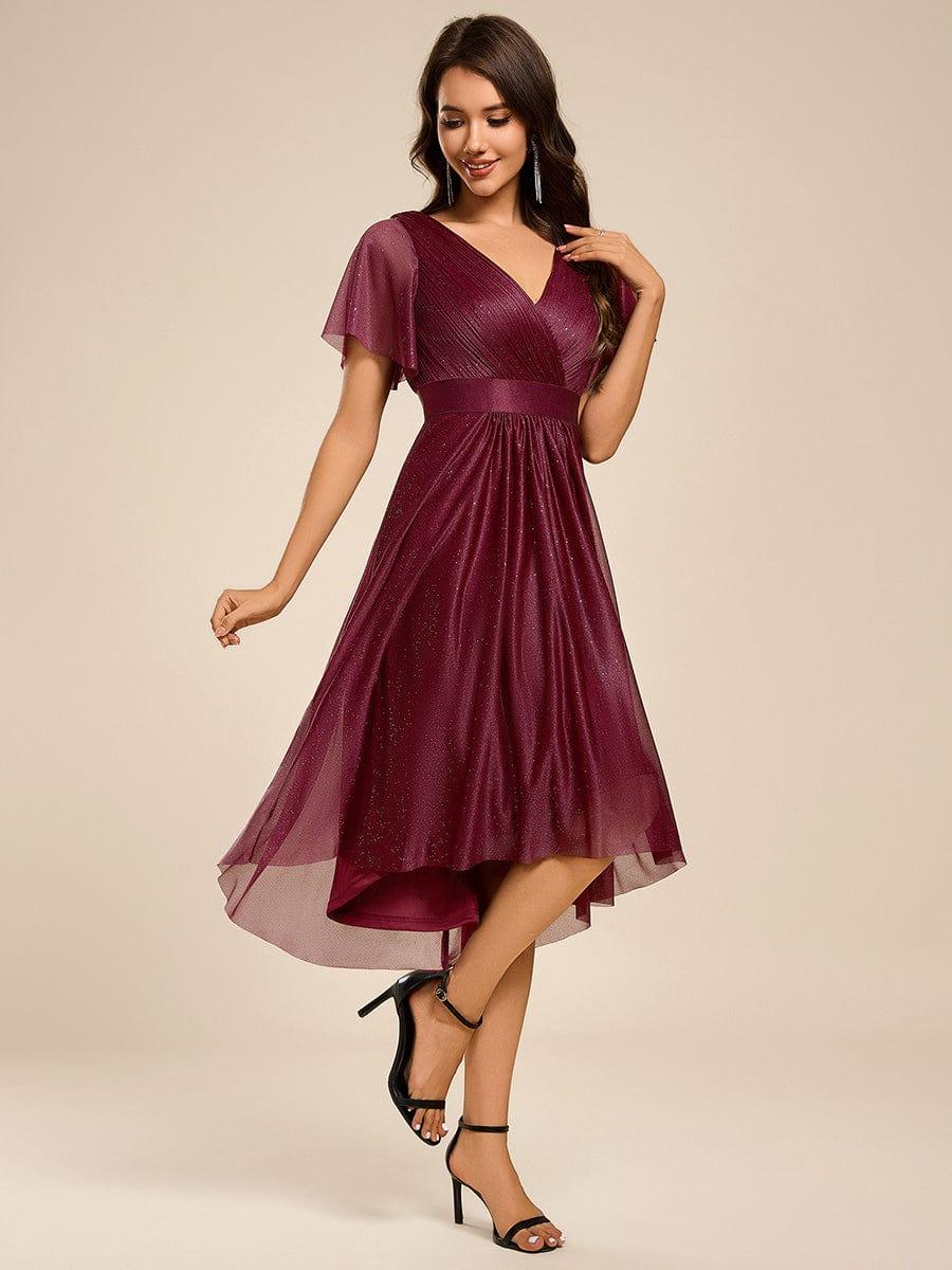Honorable Short Sleeves V-Neck A-Line Midi Wedding Guest Dress with Sash