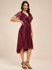 Honorable Short Sleeves V-Neck A-Line Midi Wedding Guest Dress with Sash