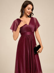Honorable Short Sleeves V-Neck A-Line Midi Wedding Guest Dress with Sash