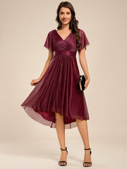 Honorable Short Sleeves V-Neck A-Line Midi Wedding Guest Dress with Sash