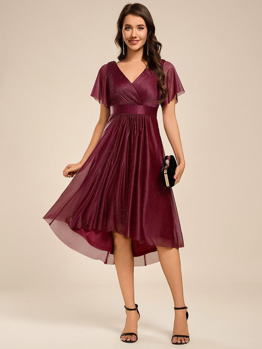 Honorable Short Sleeves V-Neck A-Line Midi Wedding Guest Dress with Sash