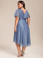 Dignified Plus Size V-Neck A-Line Wedding Guest Dress with Short Sleeves