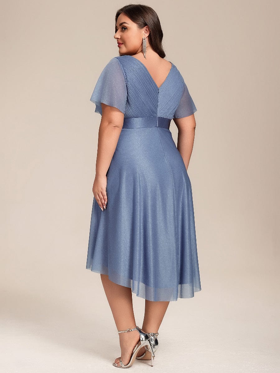 Dignified Plus Size V-Neck A-Line Wedding Guest Dress with Short Sleeves