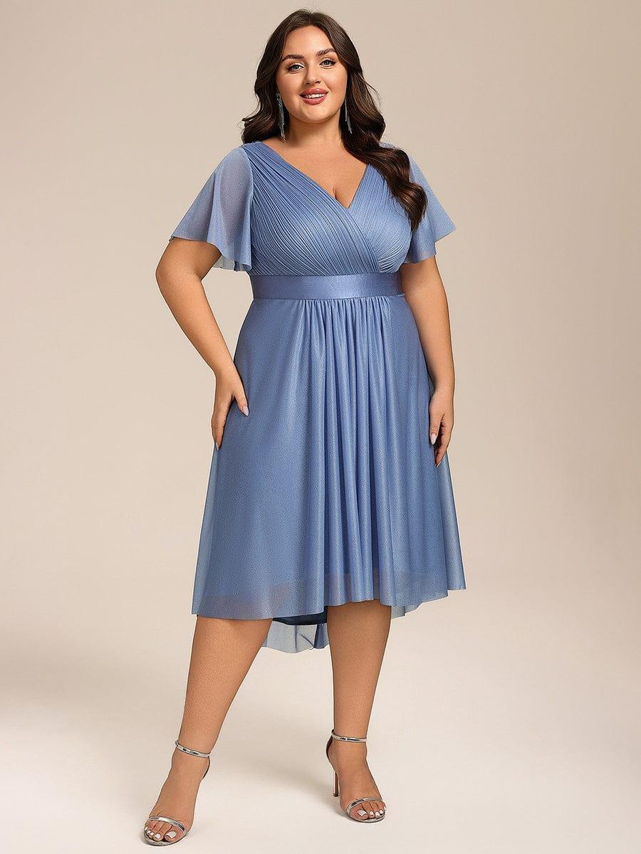 Dignified Plus Size V-Neck A-Line Wedding Guest Dress with Short Sleeves