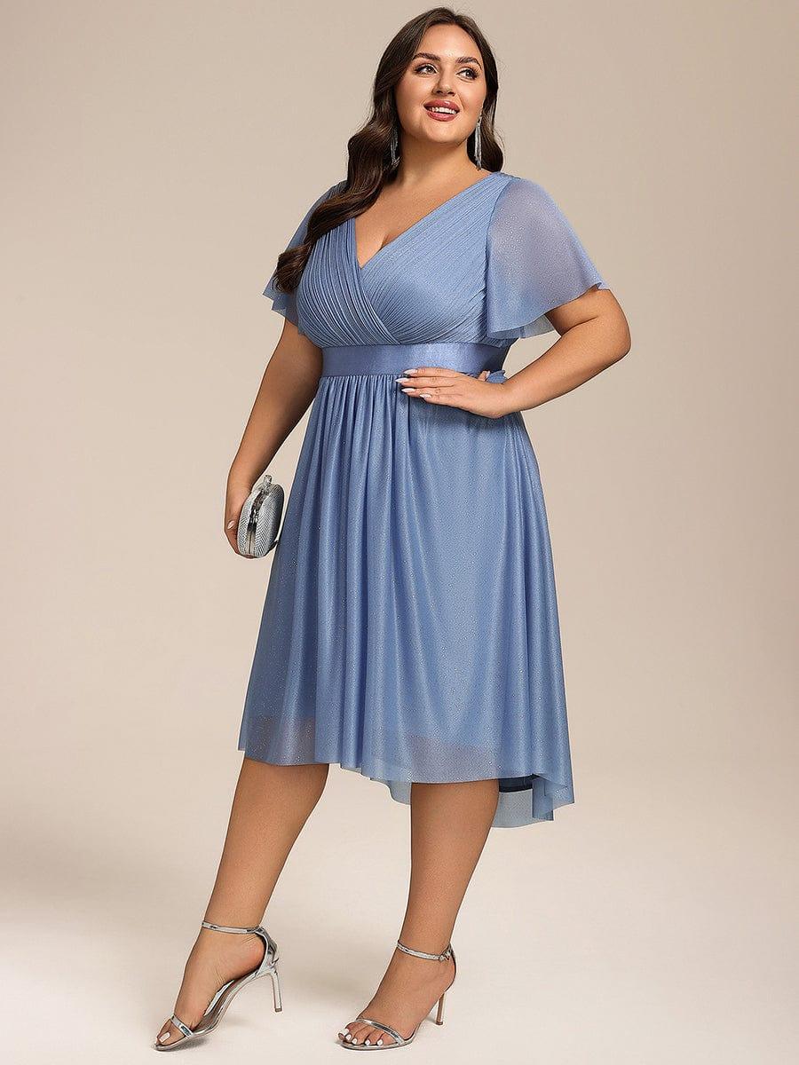 Dignified Plus Size V-Neck A-Line Wedding Guest Dress with Short Sleeves